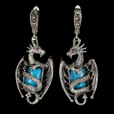 Серьги. Натуральная бирюза, рубин и марказит. Серебро 925. С1821