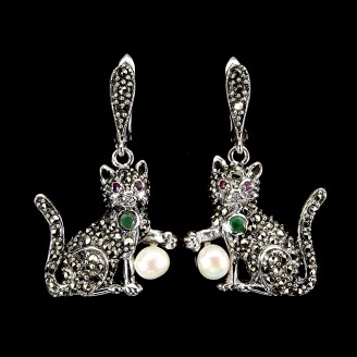 Сережки. Натуральний смарагд, марказит, рубін і перл. Срібло 925. С5249