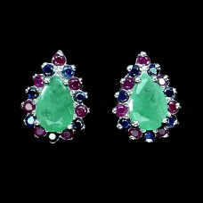 Сережки. Натуральний смарагд, сапфір і рубін. Срібло 925. С5696
