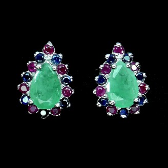 Сережки. Натуральний смарагд, сапфір і рубін. Срібло 925. С5696