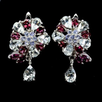 Сережки. Натуральний аквамарин, гранат родоліт і танзаніт. Срібло 925. С5932