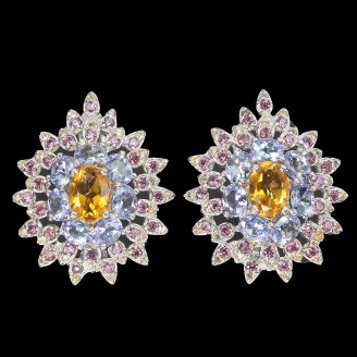 Сережки. Натуральний цитрин, гранат родоліт і танзаніт. Срібло 925. С5934