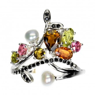 Каблучка. Натуральний турмалін, шпінель і перл. Срібло 925. К5938