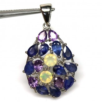 Підвіска. Натуральний опал, аметист і сапфір. Срібло 925. П5943