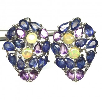 Сережки. Натуральний опал, аметист і сапфір. Срібло 925. С5950