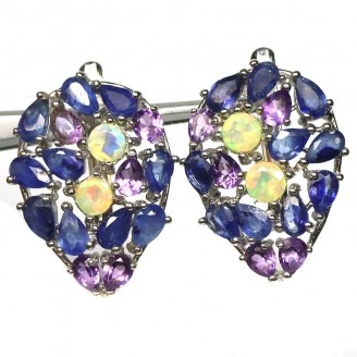 Сережки. Натуральний опал, аметист і сапфір. Срібло 925. С5951