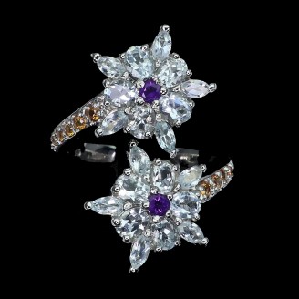 Каблучка. Натуральний аквамарин, аметист і сапфір. Срібло 925. К5955