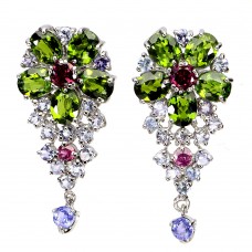 Сережки. Натуральний хром діопсид, гранат родоліт і танзаніт. Срібло 925. С5985