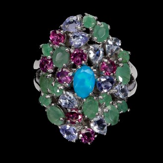 Каблучка. Натуральний опал, смарагд, гранат родоліт і танзаніт. Срібло 925. К5988