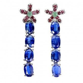 Сережки. Натуральний кіаініт, смарагд і гранат родоліт. Срібло 925. С6002