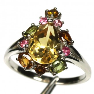 Каблучка. Натуральний цитрин, турмалін і сапфір. Срібло 925. К6020