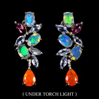 Сережки. Натуральний опал, гранат родоліт і танзаніт. Срібло 925. С6025