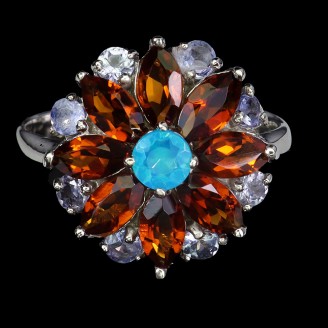 Каблучка. Натуральний цитрин, опал і танзаніт. Срібло 925. К6041