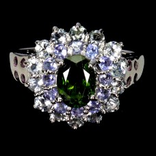 Каблучка. Натуральний хром діопсид, аквамарин, гранат родоліт і танзаніт. Срібло 925. К6042 Каблучка. Натуральний хром діопсид, аквамарин, гранат родоліт і танзаніт. Срібло 925. К6042