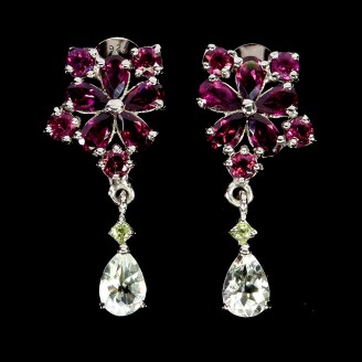 Сережки. Натуральний аквамарин, перидот і гранат родоліт. Срібло 925. С6049