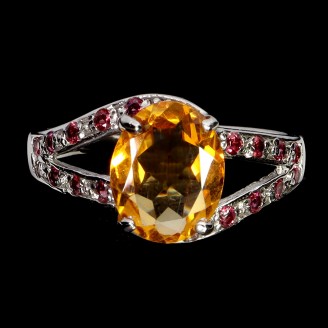 Каблучка. Натуральний цитрин і гранат родоліт. Срібло 925. К6052