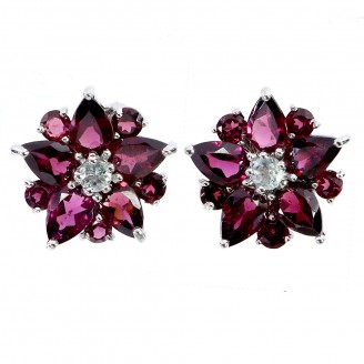 Сережки. Натуральний гранат родоліт і аквамарин. Срібло 925. С6067