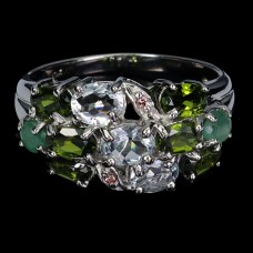 Каблучка. Натуральний аквамарин, хром діопсид, смарагд і сапфір. Срібло 925. К6075 Каблучка. Натуральний аквамарин, хром діопсид, смарагд і сапфір. Срібло 925. К6075