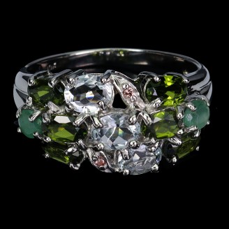 Каблучка. Натуральний аквамарин, хром діопсид, смарагд і сапфір. Срібло 925. К6075