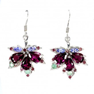 Сережки. Натуральний гранат родоліт, смарагд і танзаніт. Срібло 925. С6169