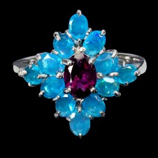 Каблучка. Натуральний гранат родоліт і опал. Срібло 925. К6170