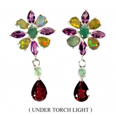 Сережки. Натуральний гранат родоліт, смарагд і опал. Срібло 925. С6210