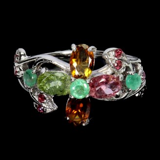 Каблучка. Натуральний турмалін, смарагд і гранат родоліт. Срібло 925. К6231