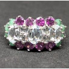 Каблучка. Натуральний аквамарин, смарагд і гранат родоліт. Срібло 925. К6304