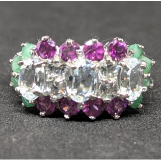 Каблучка. Натуральний аквамарин, смарагд і гранат родоліт. Срібло 925. К6304