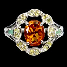 Каблучка. Натуральний цитрин, смарагд і сапфір. Срібло 925. К6319