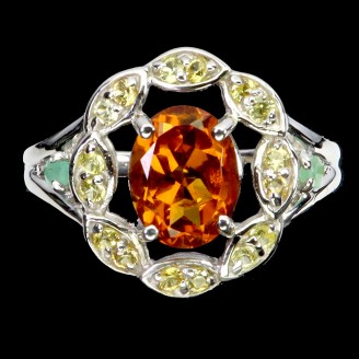 Каблучка. Натуральний цитрин, смарагд і сапфір. Срібло 925. К6319