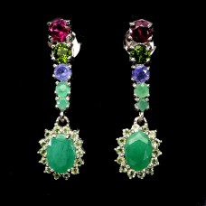 Сережки. Натуральний смарагд, хром діопсид,, перидот, гранат родоліт і танзаніт. Срібло 925. С6335