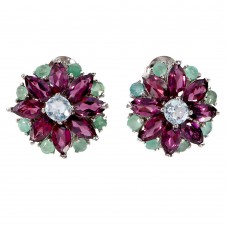 Сережки. Натуральний гранат родоліт, аквамарин і смарагд. Срібло 925. С6362