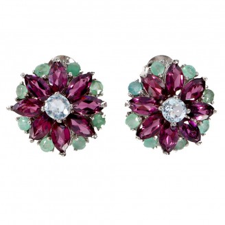 Сережки. Натуральний гранат родоліт, аквамарин і смарагд. Срібло 925. С6362