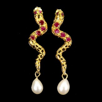 Сережки. Натуральний рубін і перл. Срібло 925. С6391