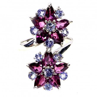 Каблучка. Натуральний гранат родоліт і танзаніт. Срібло 925. К6408