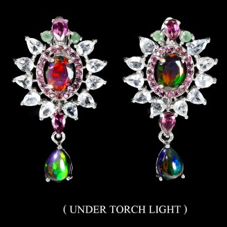 Сережки. Натуральний опал, аквамарин, смарагд і гранат родоліт. Срібло 925. С6414