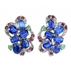 Сережки. Натуральний кіаініт, смарагд і гранат родоліт. Срібло 925. С6415