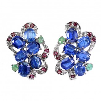 Сережки. Натуральний кіаініт, смарагд і гранат родоліт. Срібло 925. С6415