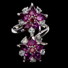 Каблучка. Натуральний гранат родоліт і аквамарин. Срібло 925. К6432