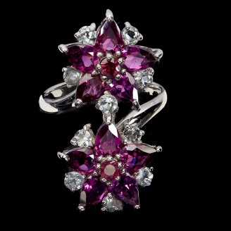 Каблучка. Натуральний гранат родоліт і аквамарин. Срібло 925. К6432