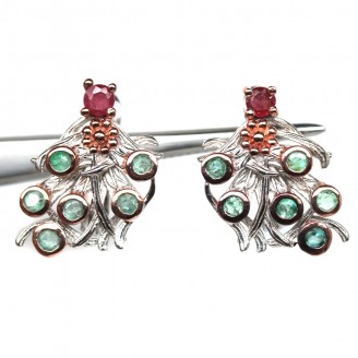 Сережки. Натуральний смарагд і рубін. Срібло 925. С6439