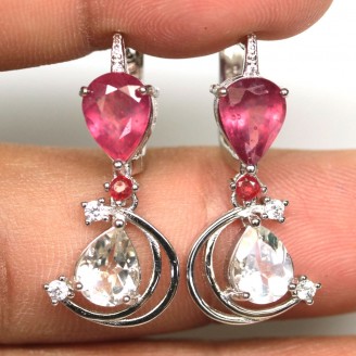 Сережки. Натуральний топаз білий і рубін. Срібло 925. С6443