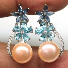 Сережки. Натуральний перл, топаз і сапфір. Срібло 925. С6446