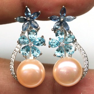 Сережки. Натуральний перл, топаз і сапфір. Срібло 925. С6446