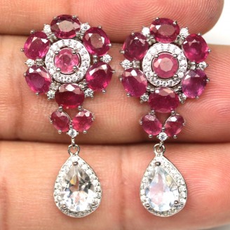 Сережки. Натуральний топаз білий і рубін. Срібло 925. С6448