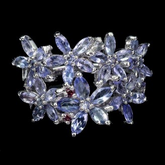 Каблучка. Натуральний танзаніт і гранат родоліт. Срібло 925. К6506