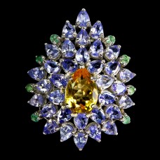 Каблучка. Натуральний цитрин, смарагд і танзаніт. Срібло 925. К6542