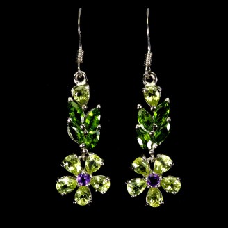 Сережки. Натуральний хром діопсид, аметист і перидот. Срібло 925. С6557