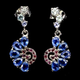 Сережки. Натуральний кіаніт, аквамарин і гранат родоліт. Срібло 925. С6562